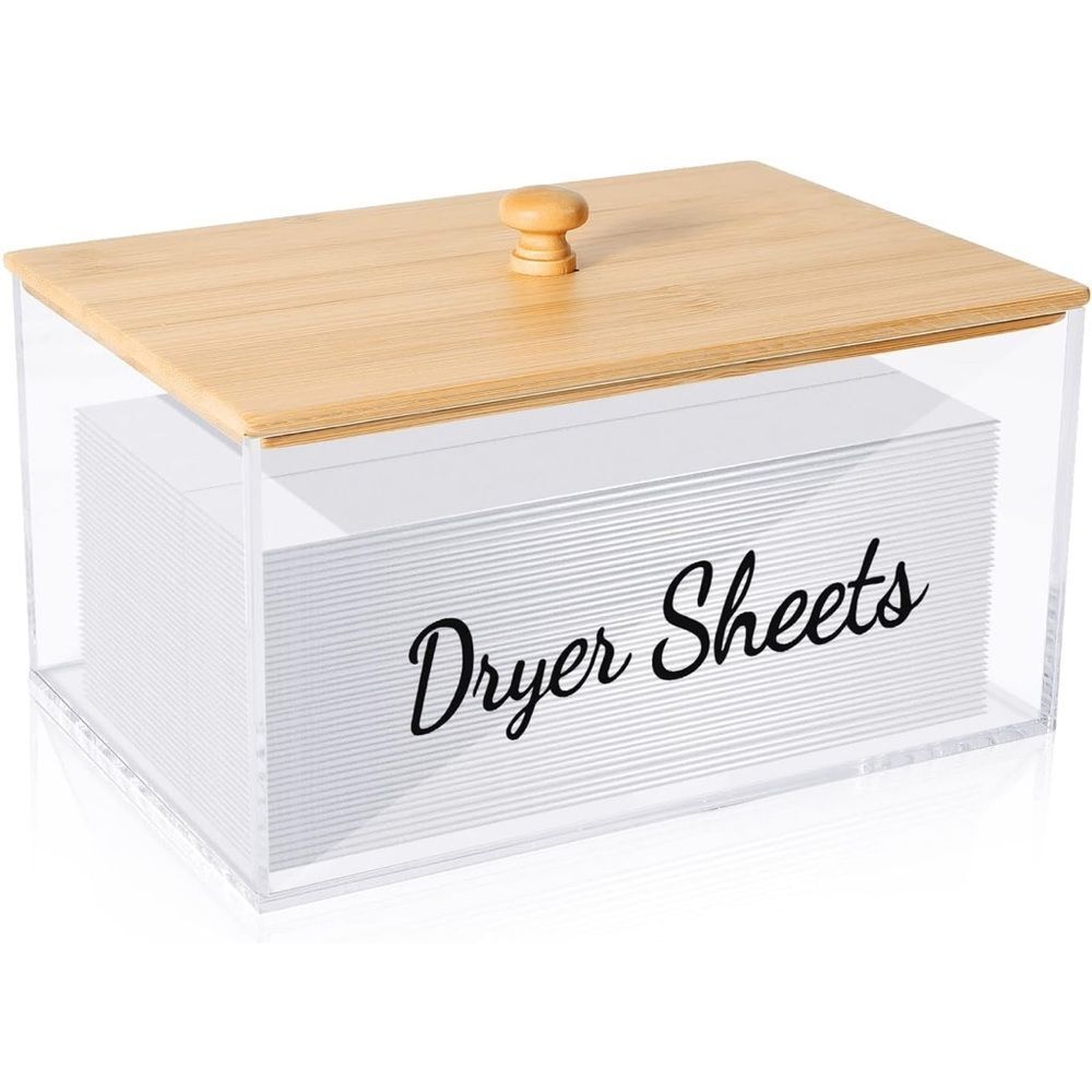 Acrylic Dryer Sheet Holder with Bamboo Lid for Laundry Room Organization